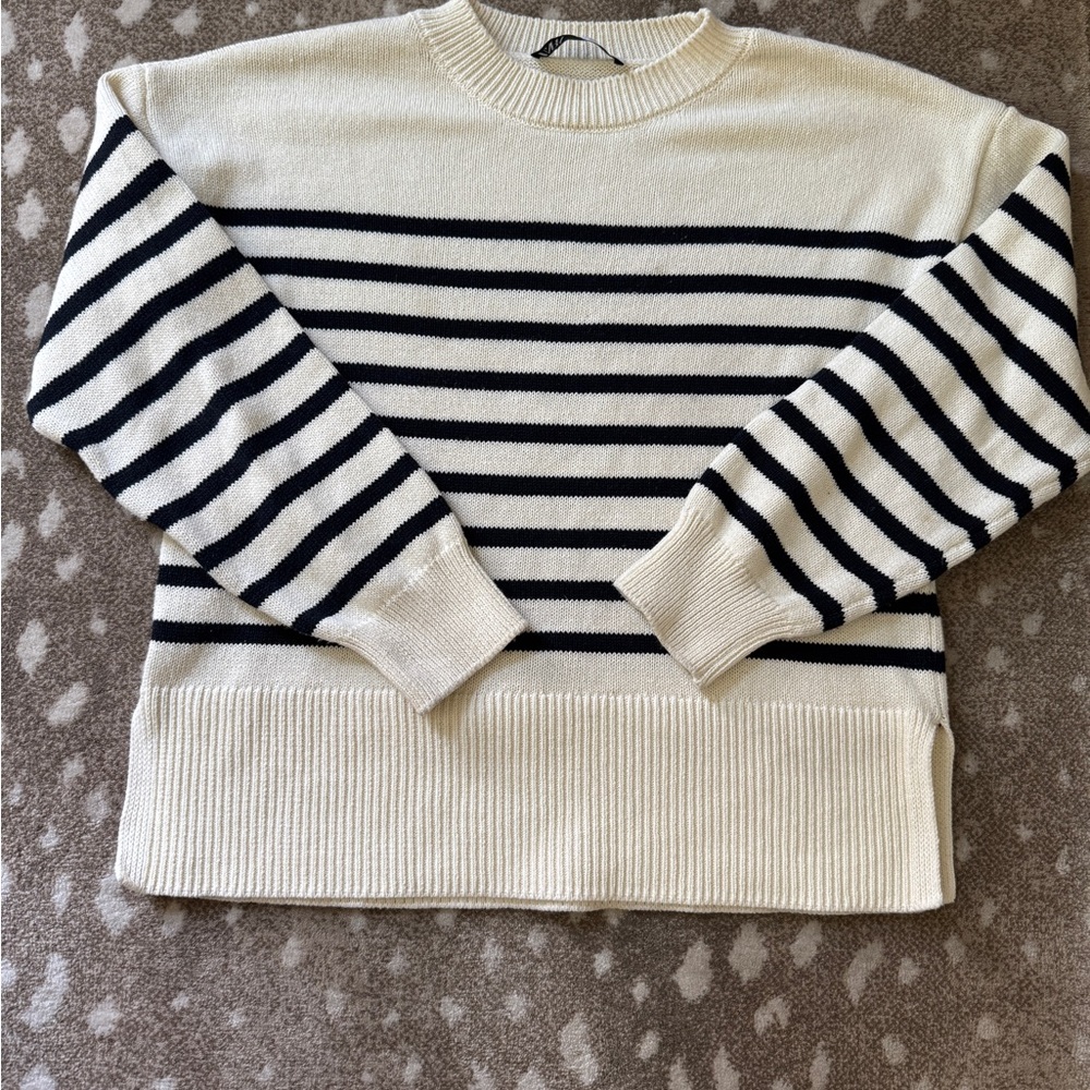 Zara Cream and Blue Striped Sweater